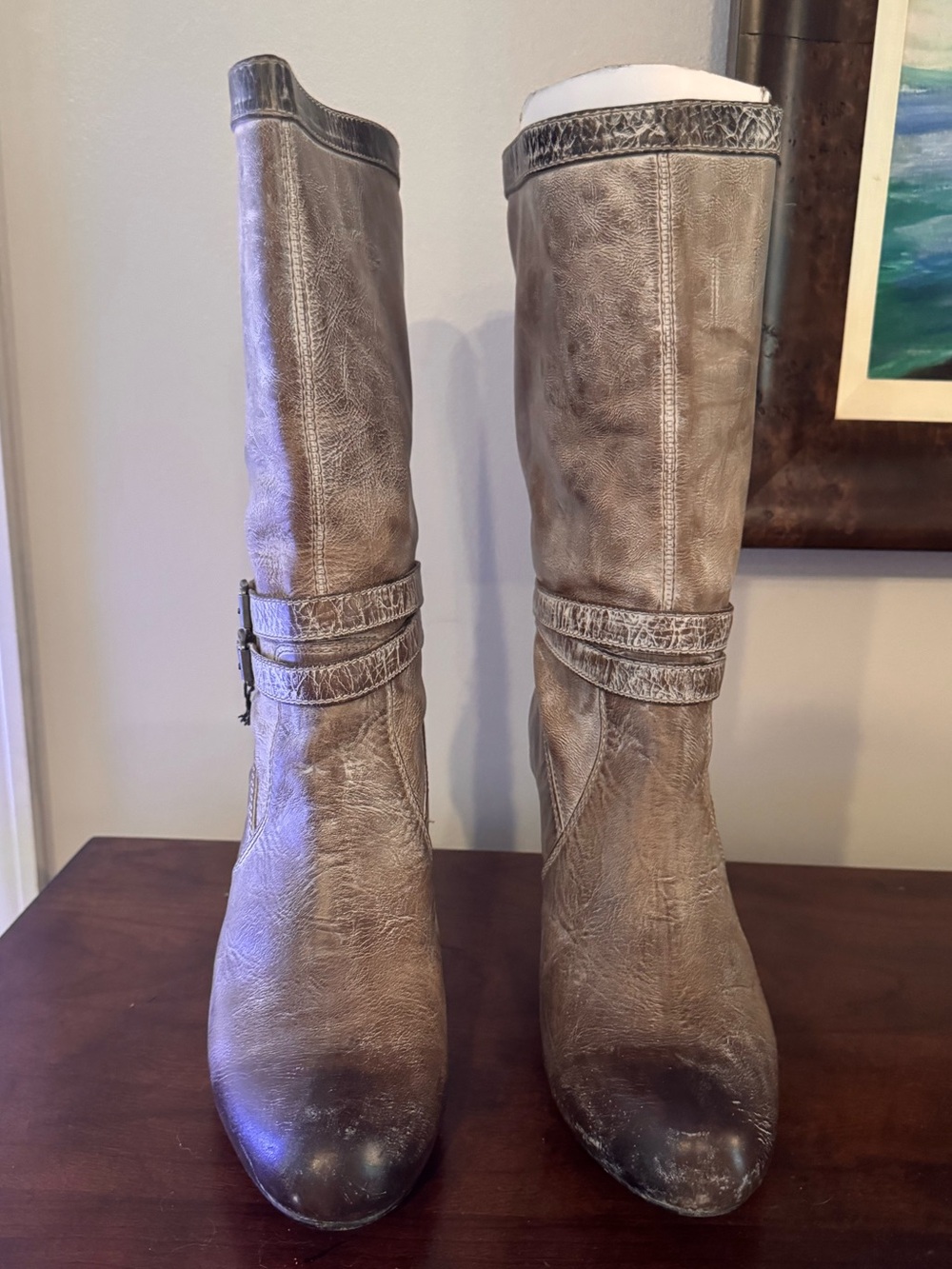 Frye Women’s Tall Gray Leather Boots with Strap Detail